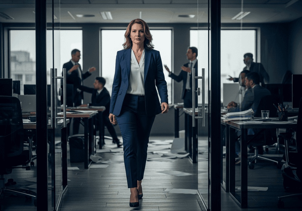A powerful-looking businesswoman in a sharp blue suit walks with unwavering confidence out of a chaotic office. As she strides forward, men in suits are seen in frantic motion in the background, contrasting with her calm and determined demeanor.